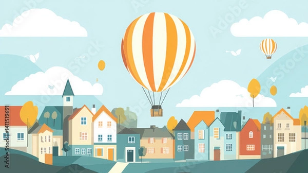 Fototapeta A whimsical illustration of a town with colorful houses and hot air balloons in the sky.