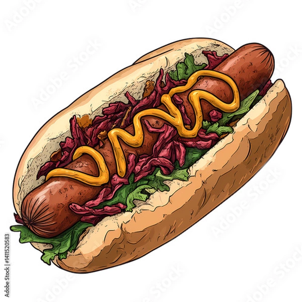 Fototapeta A delicious hot dog topped with mustard and fresh vegetables on a soft bun, perfect for summer picnics