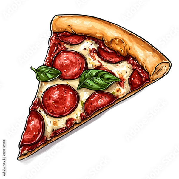 Fototapeta A delicious slice of pepperoni pizza topped with fresh basil on a white background