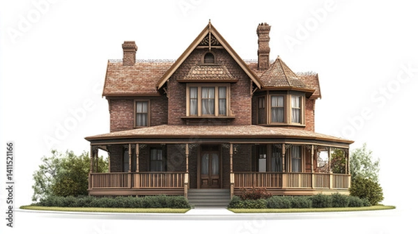 Fototapeta Victorian style house with wraparound porch on white background