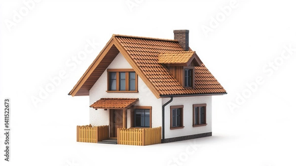 Obraz Charming small house with red roof and wooden fence on white background