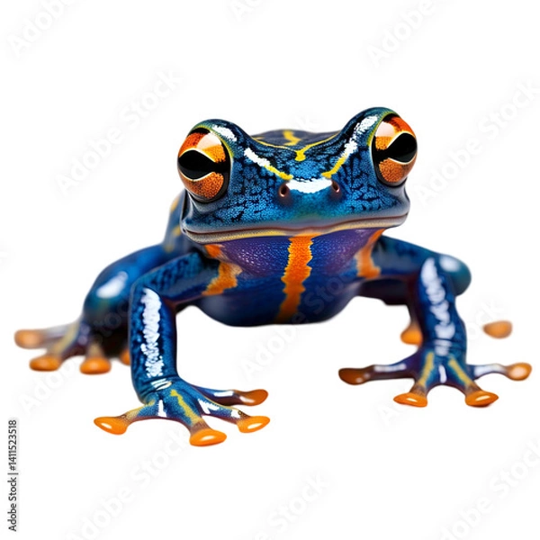 Obraz Blue poison dart frog in a natural crouch pose, isolated on white background