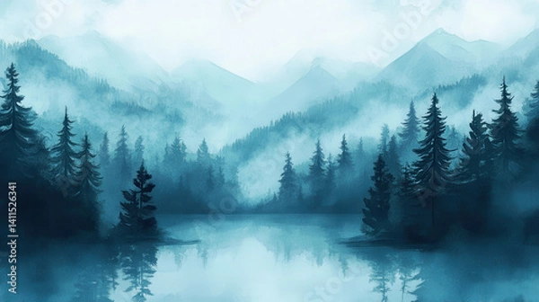 Fototapeta Serene landscape with mountains, mist, and a reflective lake.