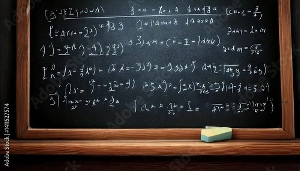 Fototapeta Handwritten Equations on Blackboard with Chalk and Eraser