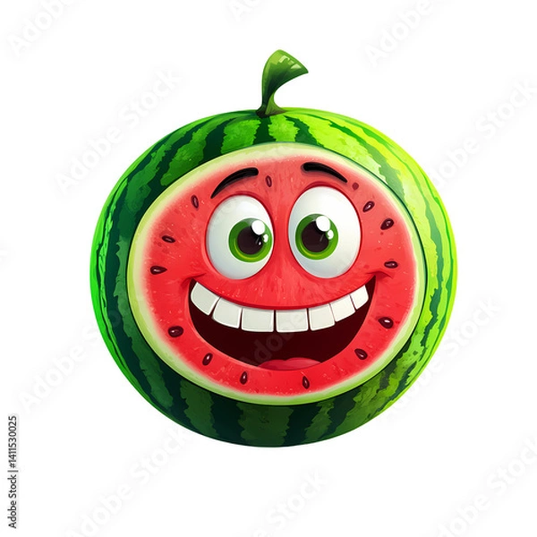 Fototapeta A playful cartoon watermelon character with a smiling face and bright colors, showcasing joy