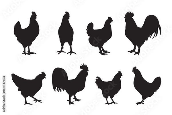Fototapeta Silhouette of Rooster and chicken hen vector icon set illustration on white background.
