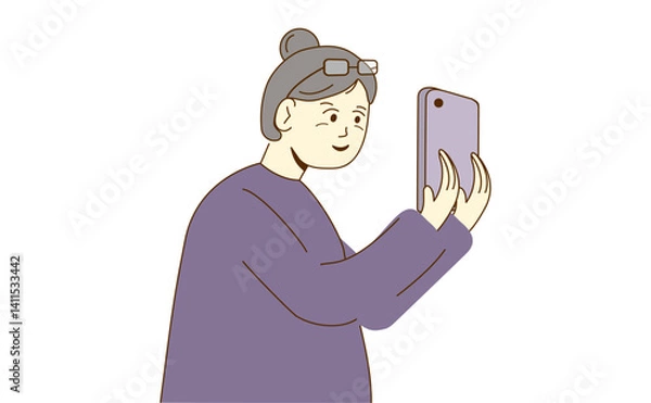 Fototapeta Elderly woman smiling while holding a smartphone, flat style, isolated white background, concept of senior technology use. Vector illustration.