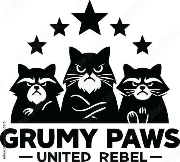 Fototapeta Black and white illustration, three grumpy animals, raccoons and cat, cartoon style, angry expressions, crossed arms, stars above, bold text below, logo design, united rebel theme, silhouette style, m