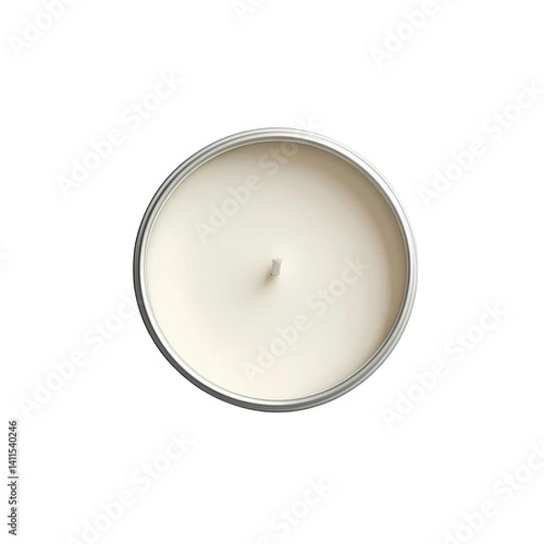 Fototapeta A top view of a clean, white candle in a metal tin, set against a plain background