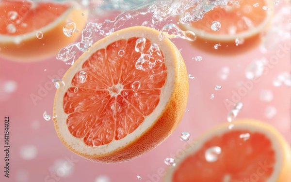 Fototapeta Fresh grapefruit slices splash in water, creating energetic and vibrant scene that evokes sense of refreshment and vitality