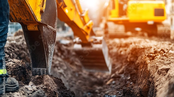 Fototapeta Excavator operator digging a trench at a construction site. Featuring heavy machinery and excavation