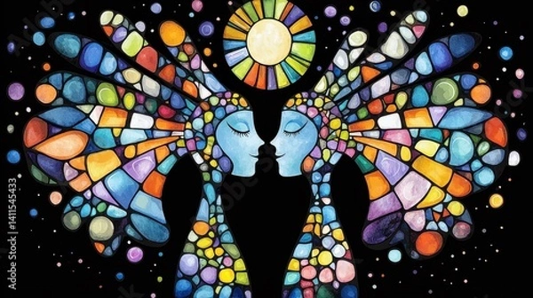 Obraz Colorful Mosaic Art of Two Faces with Sun in Surrounding Space