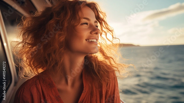 Obraz A young woman enjoying a relaxing vacation aboard a cruise ship, looking at the ocean horizon on a sunny day, big green eyes