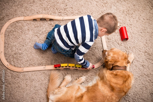 Obraz Boy, dog, train