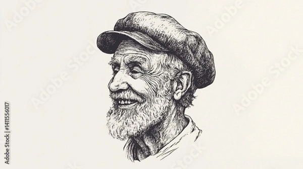 Fototapeta Smiling elderly sailor, pen sketch, nautical background, profile portrait