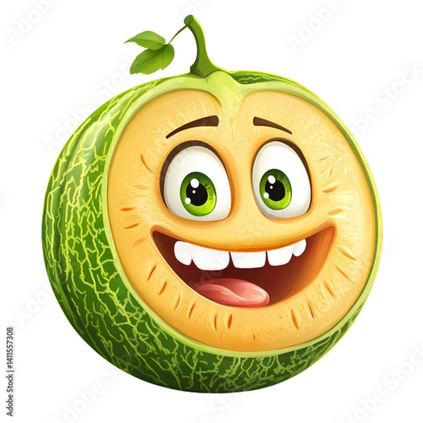 Fototapeta Cartoonish smiling melon character with expressive eyes and a cheerful demeanor