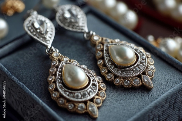 Fototapeta Elegant drop earrings with pearls and gemstones