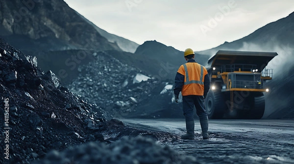 Fototapeta Engineer evaluating the extraction efficiency of lithium ore at a mining site. Featuring extraction evaluation