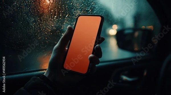 Obraz Closeup of hand holding smartphone with white mockup on screen,black mobile phone in hands with blank desktop screen while car driving,Mockup image,Copyspace for text.