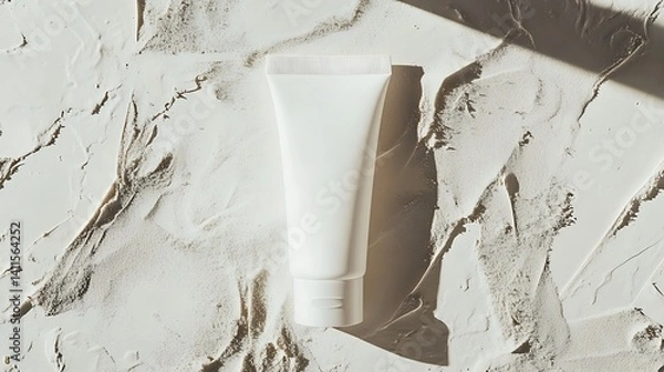 Obraz A white tube of cream on a textured white surface with shadows creating a minimalist aesthetic look