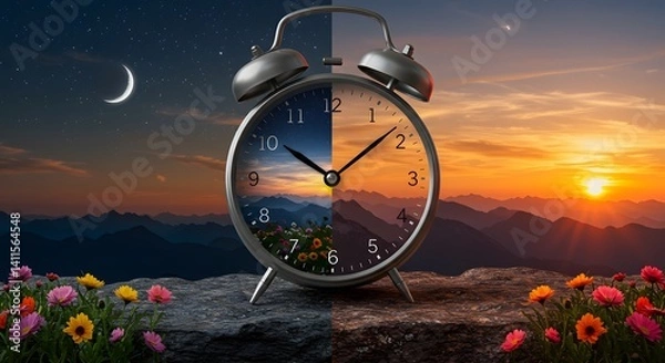 Fototapeta Clock day and night transition image peaceful time concept