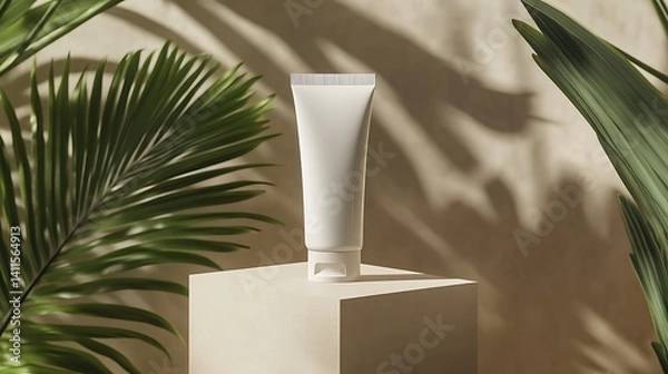 Obraz White tube on a beige cube surrounded by green leaves with shadow patterns on a beige background