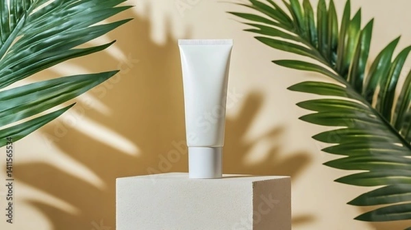 Fototapeta White tube on a pedestal with palm leaves casting shadows against a beige colored background