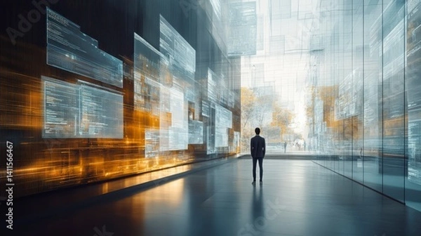 Fototapeta Modern Businessman in Futuristic Digital Environment with Data Streams