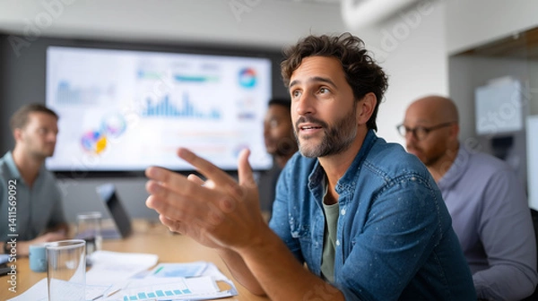 Fototapeta Man speaking discussion meeting office colleagues teamwork collaboration brainstorming strategy point