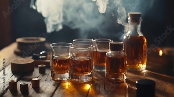 Obraz Glasses and bottles of amber liquid with smoke on a rustic wooden table in a dimly lit setting