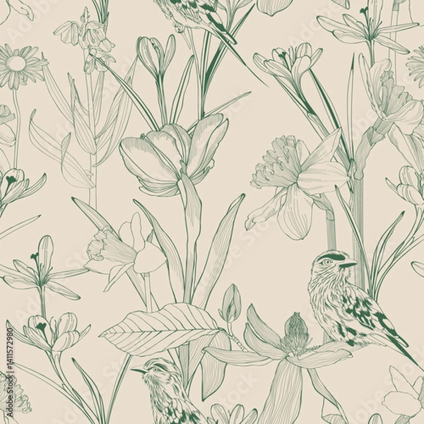 Obraz Seamless floral pattern vector outline. Romantic Crocus, tulips, daffodils and delicate bitds will suit print on fabric, Wallpaper, wrapper and design.