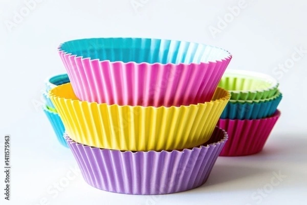 Fototapeta Colorful silicone baking cups stacked playfully against a bright background, perfect for creative baking adventures at home isolated on transparent background