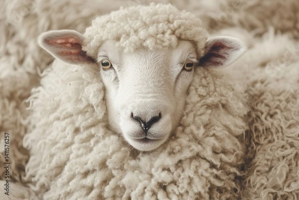 Fototapeta Charming sheep showcasing intricate wool patterns in a serene landscape, embodying the beauty of rural life with a minimalist touch ideal for pet lovers and pastoral enthusiasts