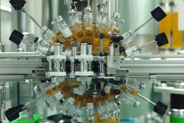 Fototapeta Close-up of advanced automated equipment filling and sealing glass containers for pharmaceuticals, showcasing precision engineering and manufacturing control.