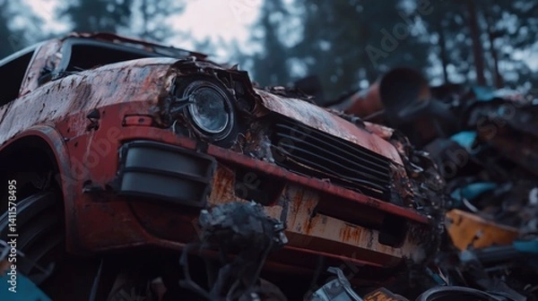Fototapeta Old corroded car rests in a scrapyard among piles of rusted vehicles and debris
