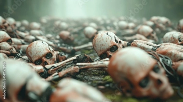 Fototapeta Robot figures scattered towards the horizon, covered in rust and surrounded by mystery