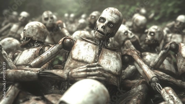Fototapeta Decayed metallic humanoid figures scattered in abandoned nature, creating unsettling and ominous atmosphere.