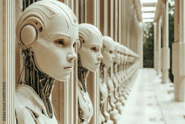 Fototapeta Futuristic humanoid robots with high detail in a line, observing uniformity and design.