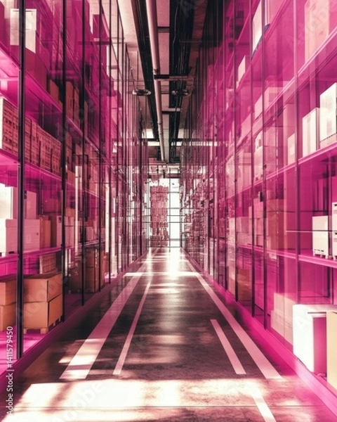 Fototapeta Warehouse interior featuring vivid pink lighting, rows storage shelves, and industrial ambiance. Innovative use of color enhances conventional storage settings