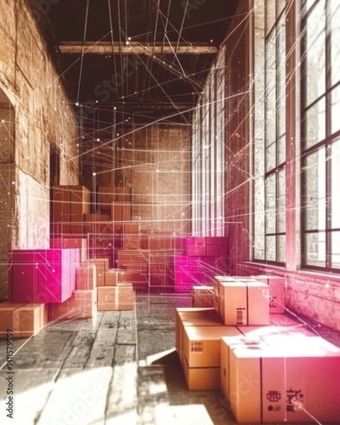 Fototapeta Industrial warehouse with packed cardboard boxes, illuminated by natural light and digital grid.