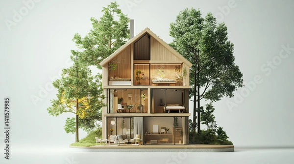 Fototapeta Modern wooden house with open interior design, surrounded by trees