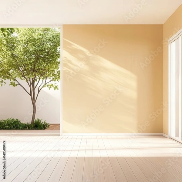 Fototapeta Bright Minimalist Interior with View of Green Tree and Sunny Light