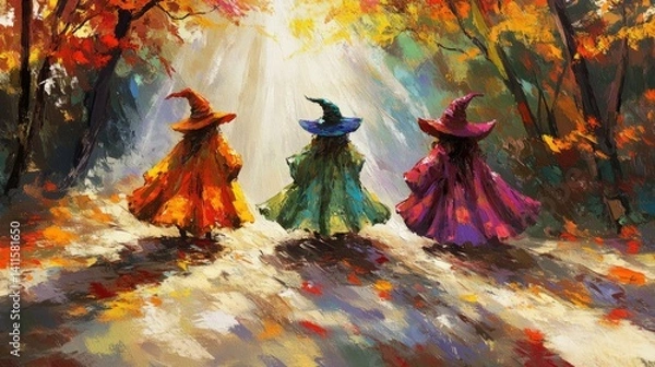 Fototapeta Three witches in colorful witch hats walk through an autumn forest