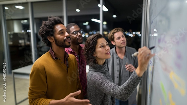 Fototapeta Multi ethnic professionals collaborating sharing ideas whiteboard modern workplace woman writing marker men watching discussion strategy session business team