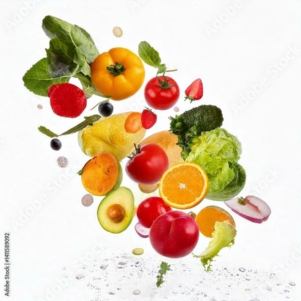 Fototapeta Different fresh fruits and vegetables in air on white background