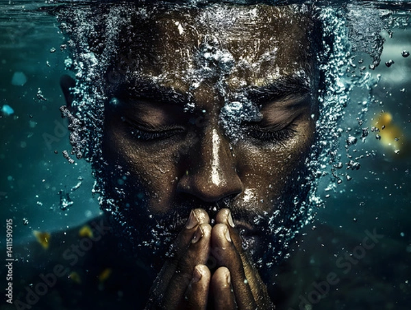 Obraz A Black Man Praying Underwater with Eyes Closed and Hands Pressed Together