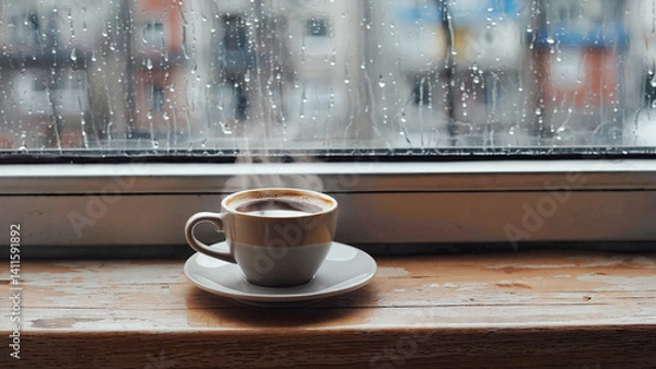 Obraz A cup of hot coffee on the window sill on a rainy day.