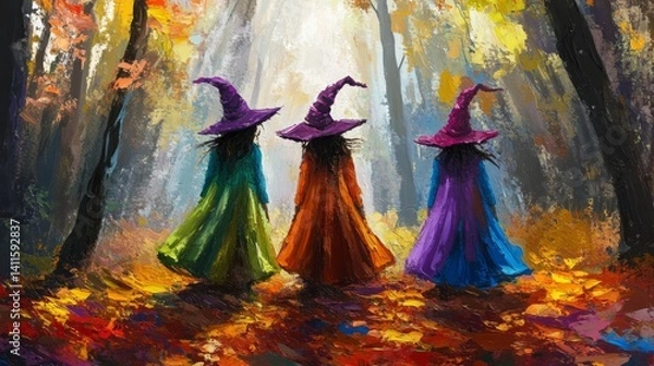 Fototapeta Three witches in colorful witch hats walk through an autumn forest