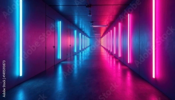 Fototapeta Intersection of vibrant neon lasers in sleek metallic corridor, modern, laser, clean