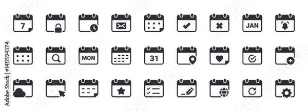 Fototapeta Calendar Icon Set. Containing Date, Event, Agenda, Planner. Solid Vector Icons.